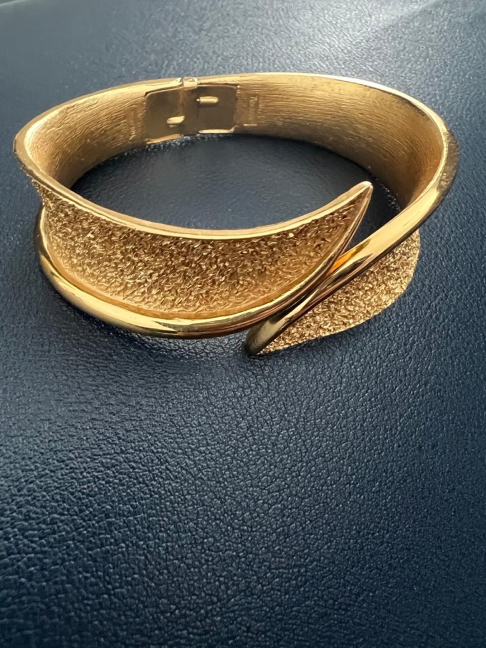 Signed Crown Trifari Gold textured Bypass Cuff Hinged Vintage Bracelet